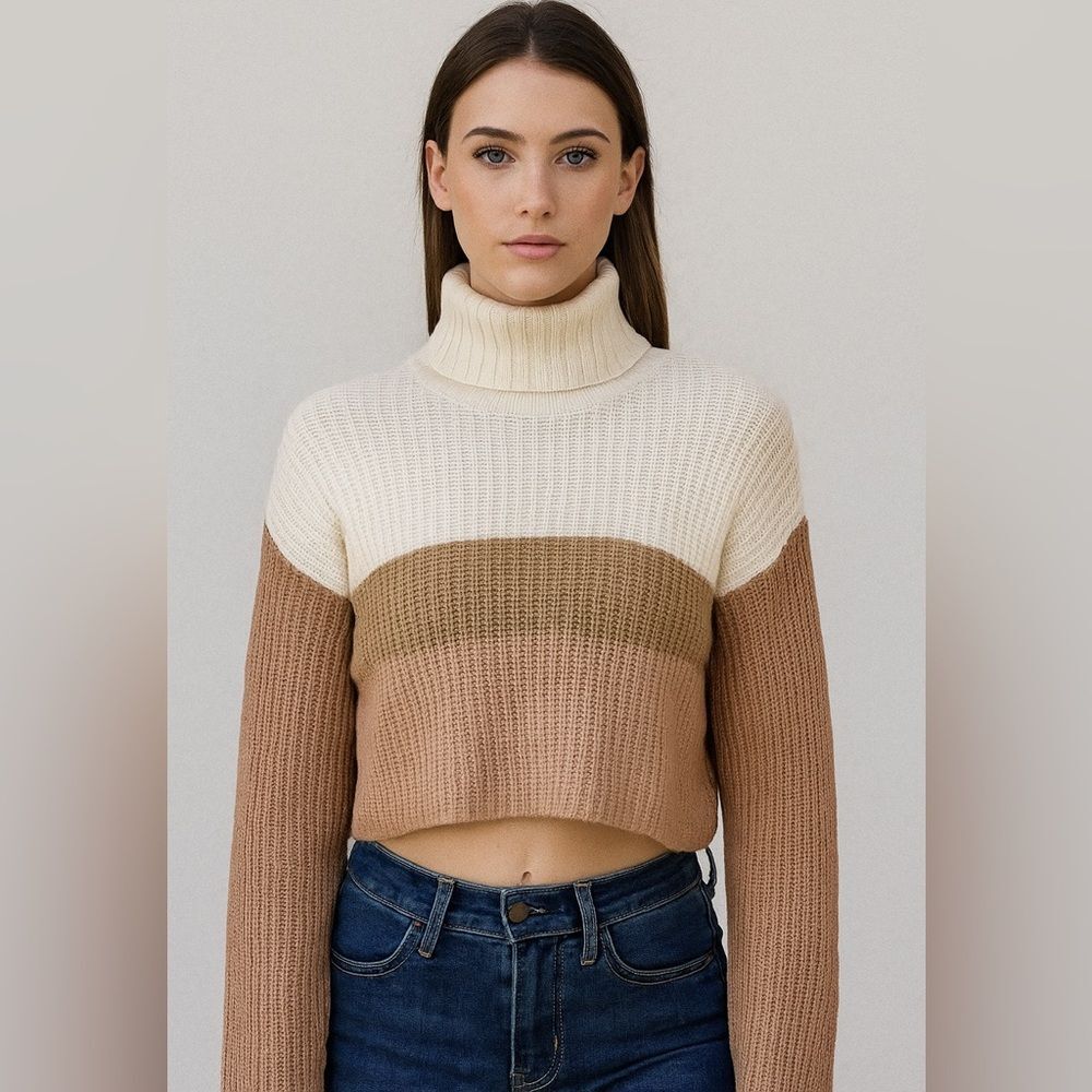 Missguided Cropped Colorblock Knit Turtleneck Sweater Tan Neutral Fall XS 2/4